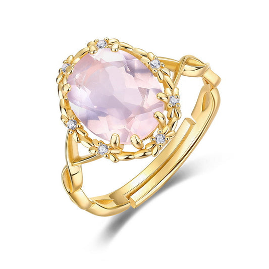 S925 Sterling Silver Jewelry Ring Gold Plating Natural Rose Quartz Gemstone Rings