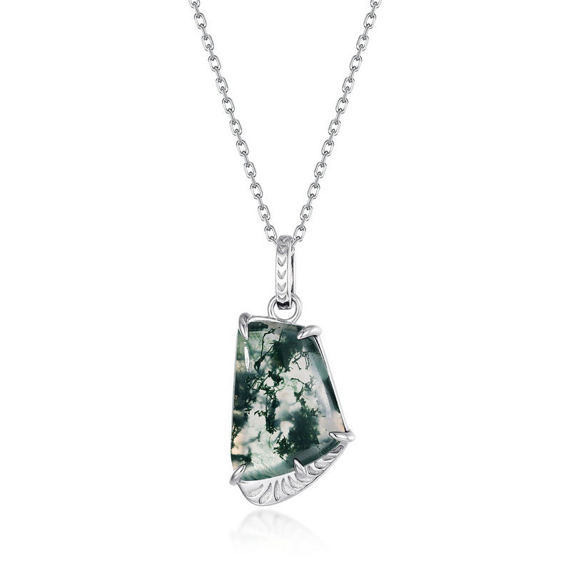 S925 Sterling Silver Jewelry Pendant Natural Moss Agate Gemstone Irregular Style Necklace Charms