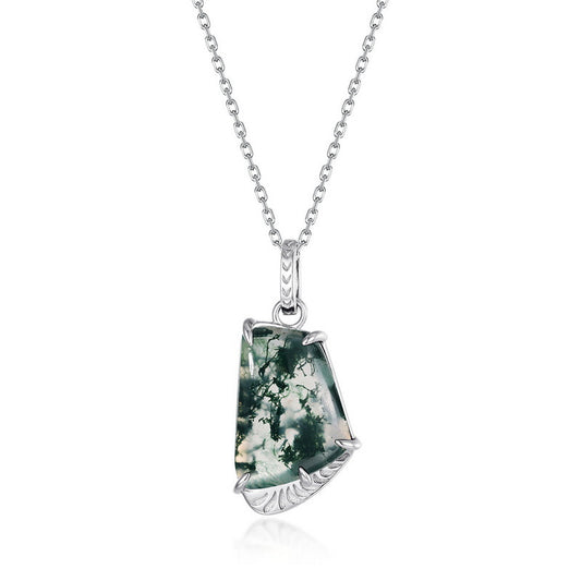 S925 Sterling Silver Jewelry Pendant Natural Moss Agate Gemstone Irregular Style Necklace Charms