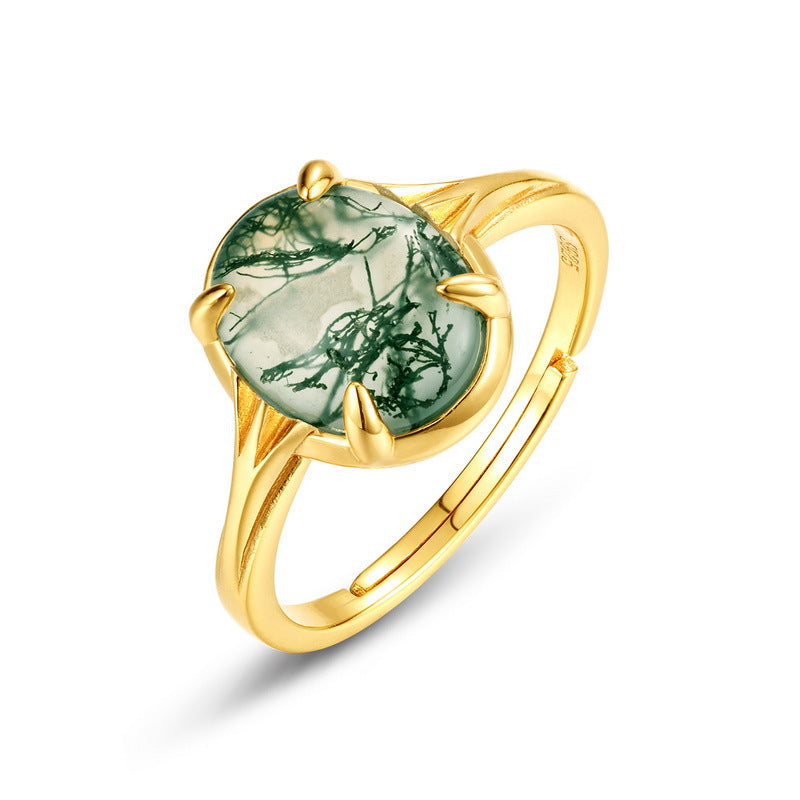 S925 Sterling Silver Jewelry Ring Natural Moss Agate Gemstone Gold Plating Fashion Rings