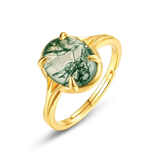 S925 Sterling Silver Jewelry Ring Natural Moss Agate Gemstone Gold Plating Fashion Rings