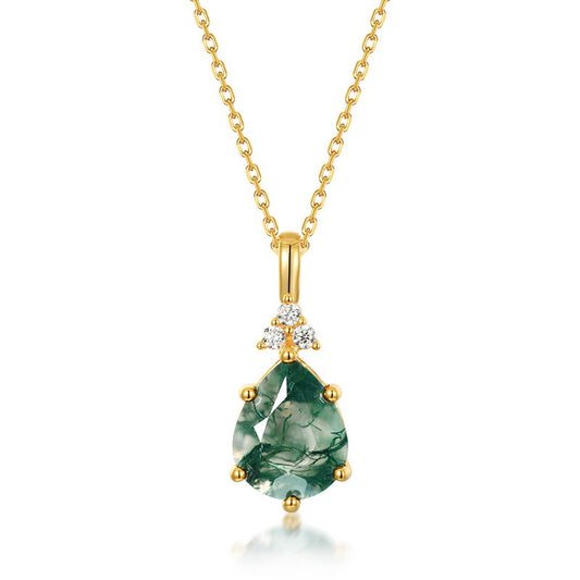S925 Sterling Silver Jewelry Pendant Natural Moss Agate Gemstone Water Drop Necklace Charms