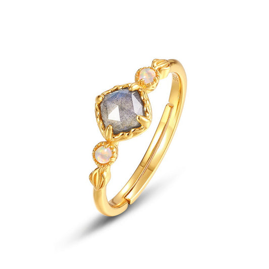 S925 Sterling Silver Jewelry Ring Natural Labradorite Gemstone Geometric Style Luxury Rings