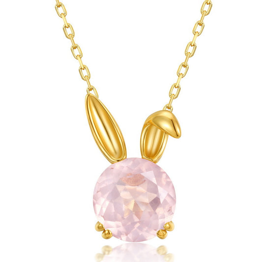 S925 Sterling Silver Jewelry Necklace Natural Rose Quartz Cute Rabbit Charms Choker Necklace