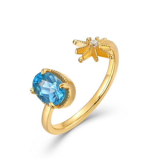 S925 Sterling Silver Jewelry Ring Natural Swiss Blue Topaz Gemstone Star Style Rings