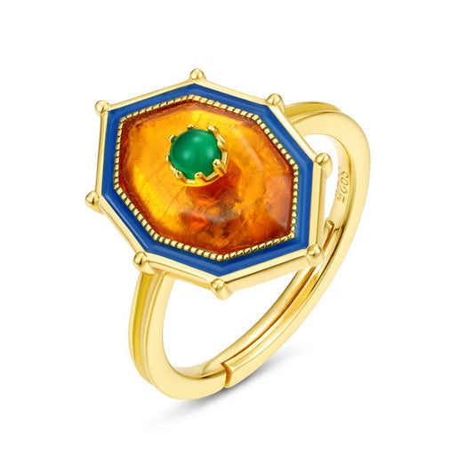 S925 Sterling Silver Jewelry Ring Natural Amber Vintage Palace Style Simple Luxury Rings