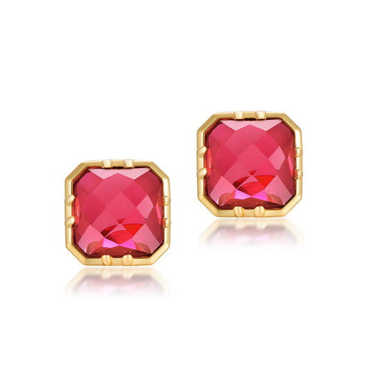 S925 Sterling Silver Jewelry Earrings Red Corundum Gemstone Square Style Stud Earrings