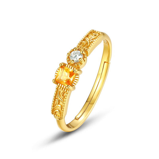 S925 Sterling Silver Jewelry Ring Natural Citrine Gemstone Geometric Style Simple Luxury Rings