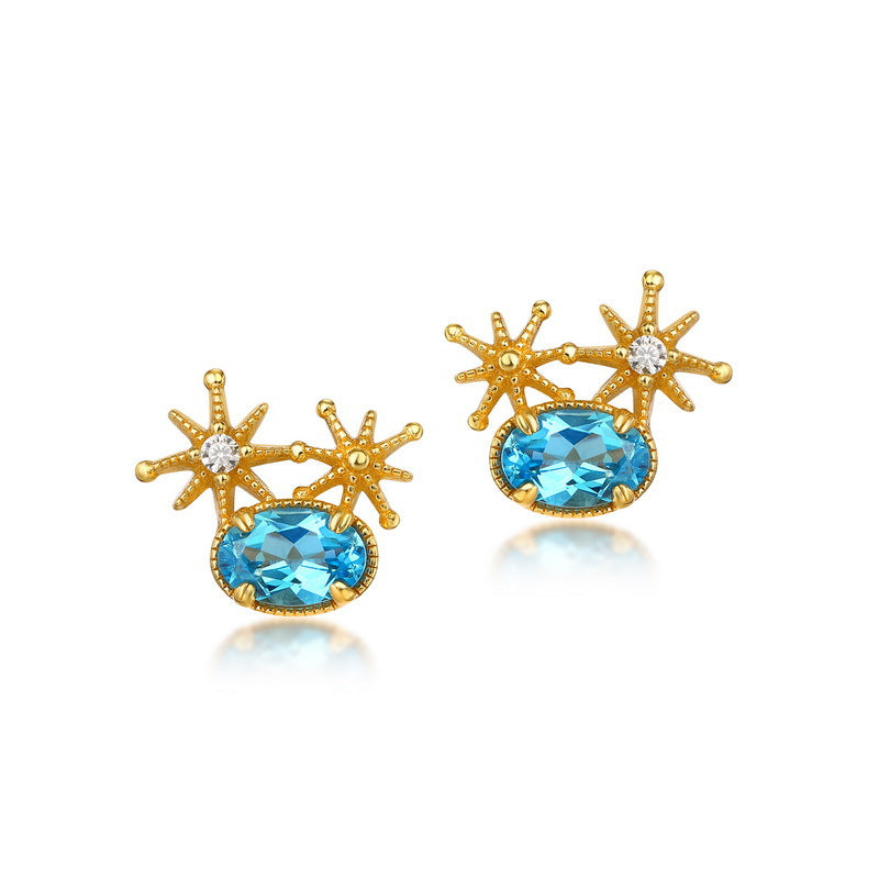 S925 Sterling Silver Jewelry Earrings Natural Swiss Blue Topaz Gemstone Star Style Stud Earrings