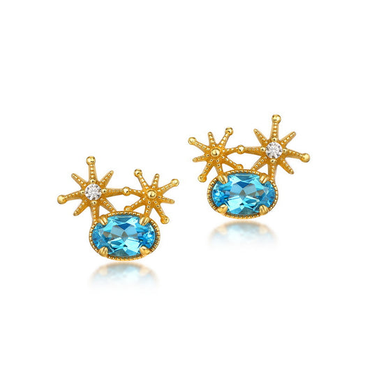 S925 Sterling Silver Jewelry Earrings Natural Swiss Blue Topaz Gemstone Star Style Stud Earrings