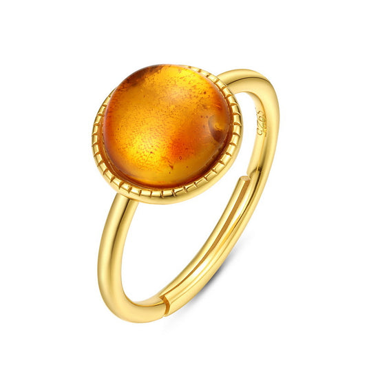 S925 Sterling Silver Jewelry Ring Natural Amber Geometric Round Style Simple Luxury Rings