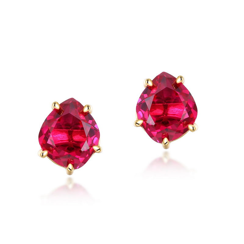 S925 Sterling Silver Jewelry Earrings Red Corundum Gemstone Geometric Style Stud Earrings