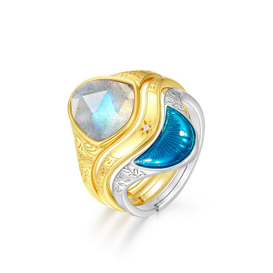 S925 Sterling Silver Jewelry Ring Natural Labradorite Gemstone Irregular Style Stacking Rings
