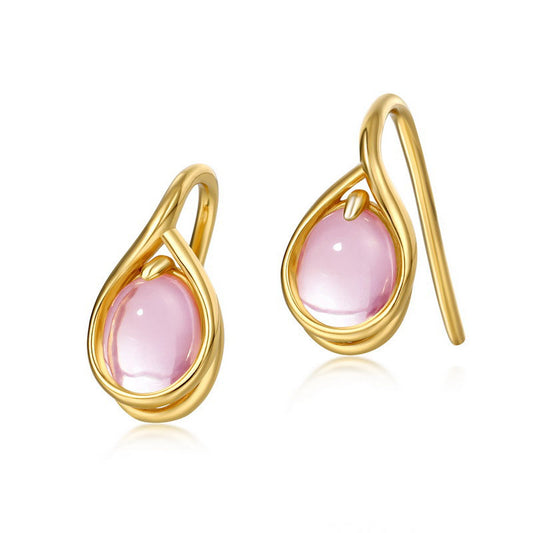 S925 Sterling Silver Jewelry Earrings Gold Plating Natural Rose Quartz Gemstone Earrings