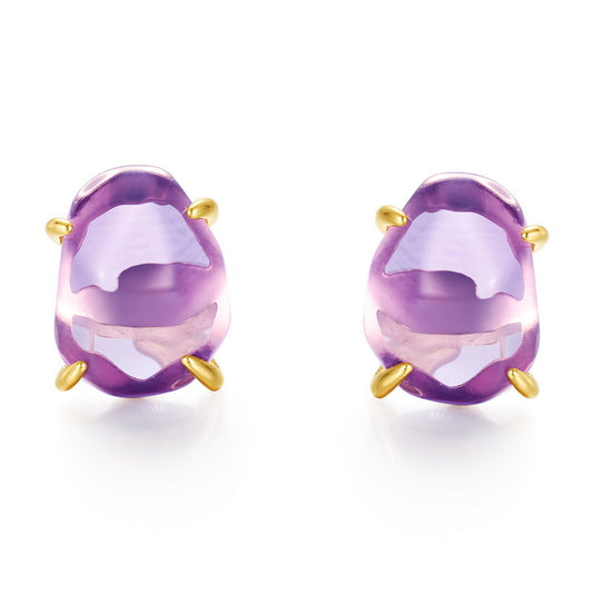 S925 Sterling Silver Jewelry Earrings Natural Amethyst Gemstone Irregular Style Stud Earrings