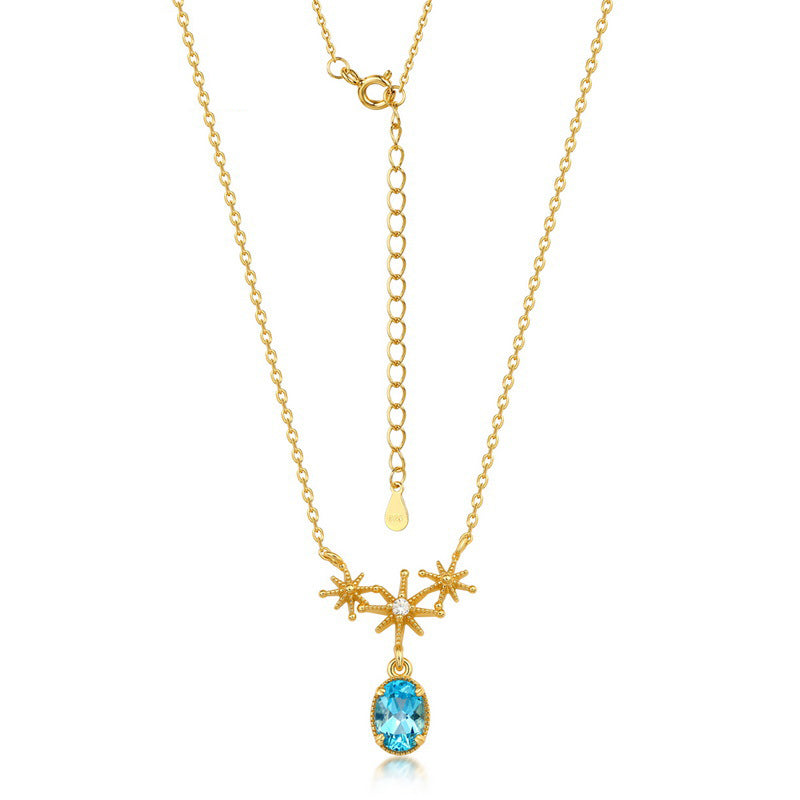 S925 Sterling Silver Jewelry Necklace Natural Swiss Blue Topaz Gemstone Star Style Necklaces