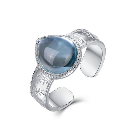 S925 Sterling Silver Jewelry Ring Natural Sky Blue Topaz Gemstone Vintage Style Band Rings