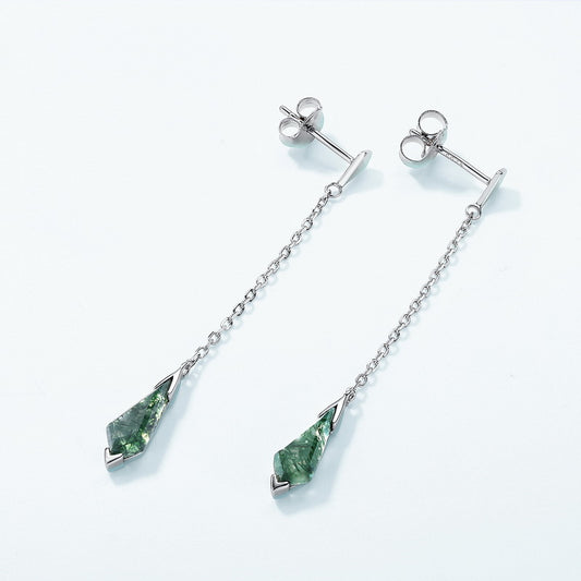S925 Sterling Silver Jewelry Earrings Natural Moss Agate Gemstone Pendant Drop Earrings