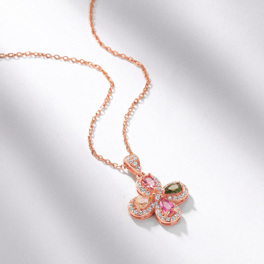 S925 Sterling Silver Jewelry Pendants Natural Tourmaline Gemstone Clover Necklace Charms