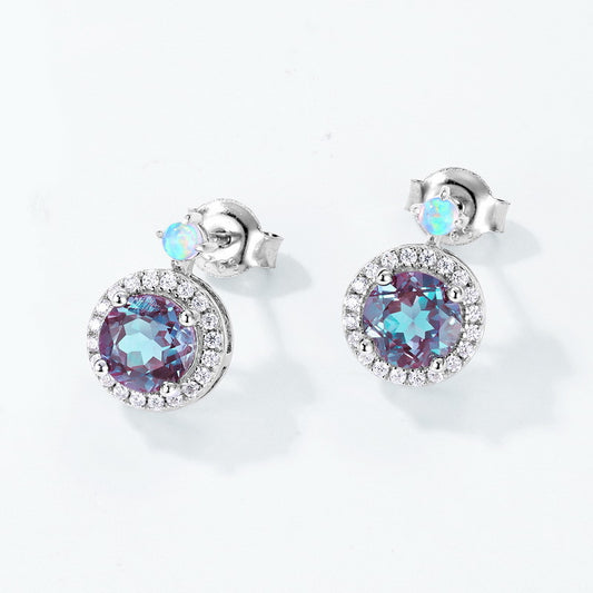 S925 Sterling Silver Jewelry Earrings Alexandrite Gemstone Round Style Stud Earrings