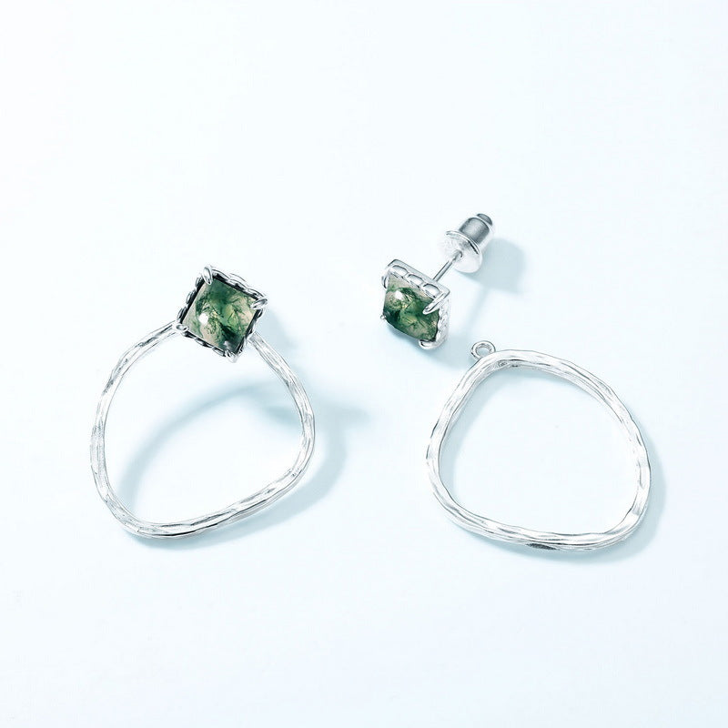 S925 Sterling Silver Jewelry Earrings Natural Moss Agate Gemstone Detachable Earrings