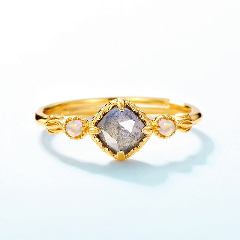 S925 Sterling Silver Jewelry Ring Natural Labradorite Gemstone Geometric Style Luxury Rings