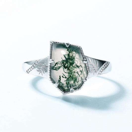 S925 Sterling Silver Jewelry Ring Natural Moss Agate Gemstone Irregular Simple Luxury Rings