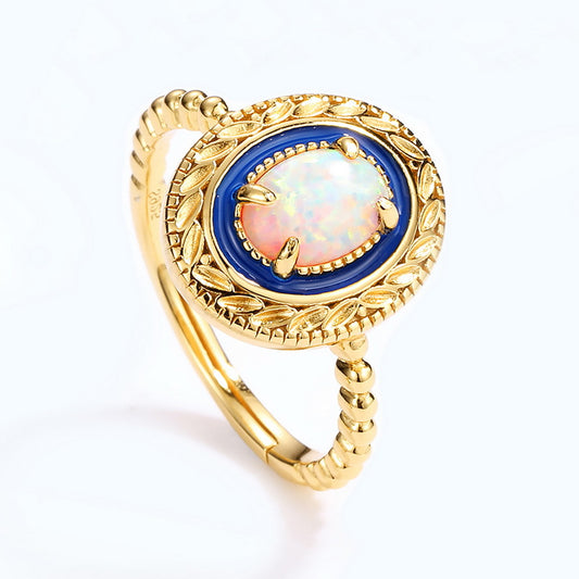 S925 Sterling Silver Jewelry Ring Opal Gemstone Enamel Craft Classic Vintage Style Rings