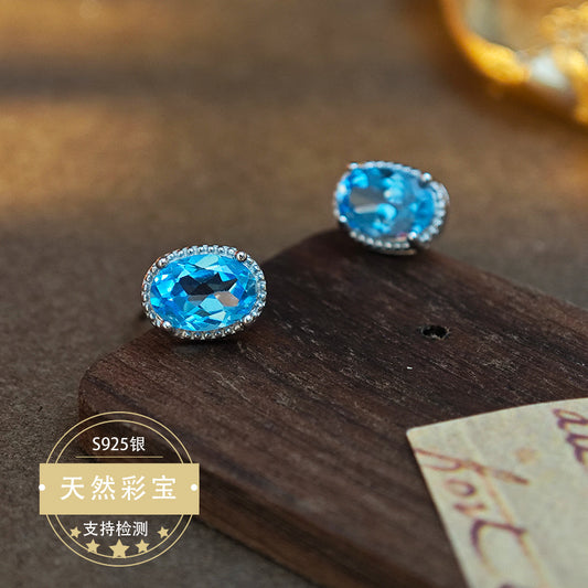 Natural Topaz Gemstone Fine Jewelry 925 Sterling Silver Oval Light Luxury Stud Earrings