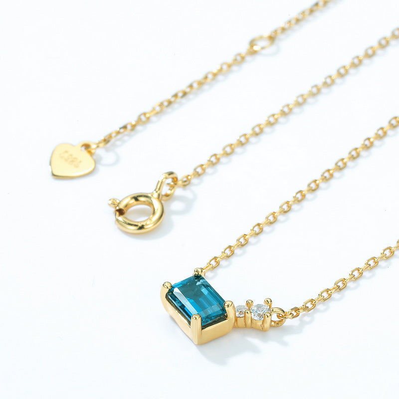 S925 Sterling Silver Jewelry Necklace Natural London Blue Topaz Gemstone Charms Necklace