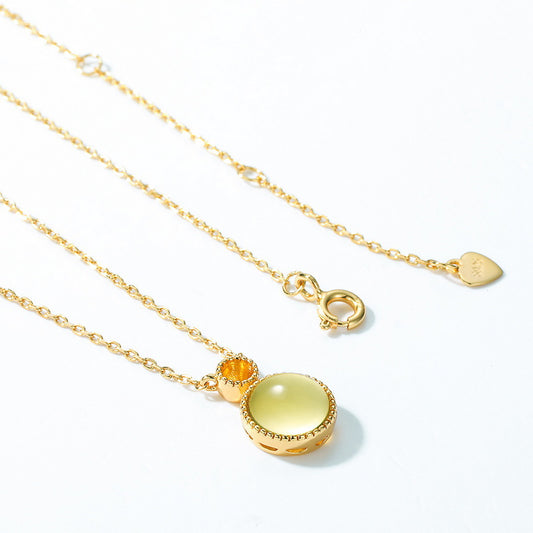 S925 Sterling Silver Jewelry Necklace Natural Amber Geometric Round Style Charms Necklaces