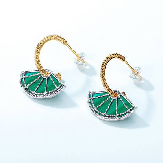 S925 Sterling Silver Jewelry Earrings Natural Malachite Gemstone Sector Style Detachable Earrings