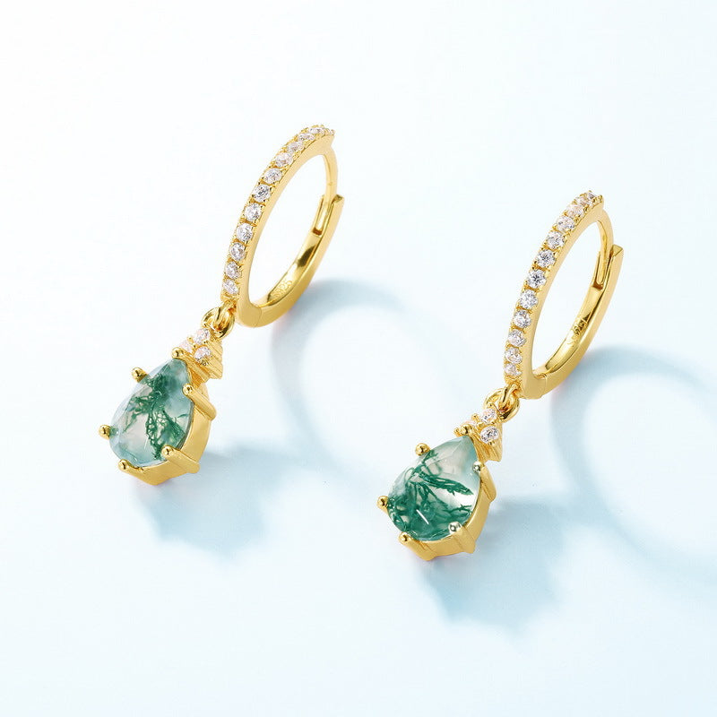 S925 Sterling Silver Jewelry Earrings Natural Moss Agate Gemstone Novel Water Drop Earrings