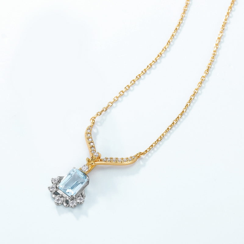 S925 Sterling Silver Jewelry Necklace Natural Sky Blue Topaz Gemstone Palace Style Necklaces