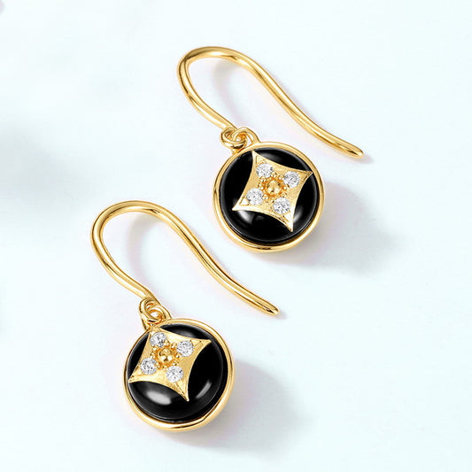 S925 Sterling Silver Jewelry Earrings Natural Black Onyx Gemstone Geometric Style Earrings