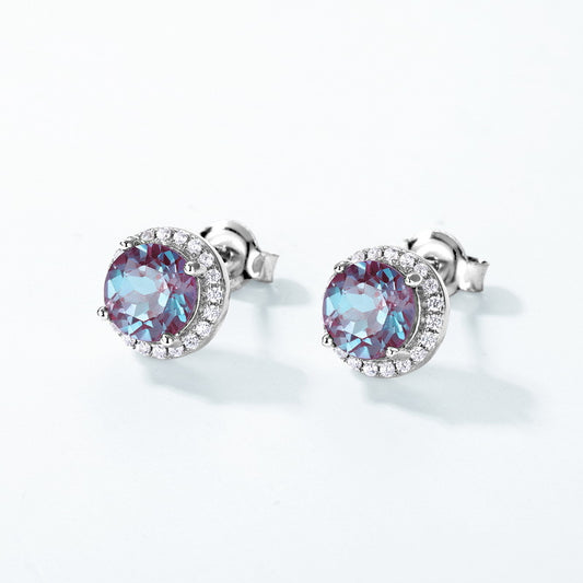 S925 Sterling Silver Jewelry Earrings Alexandrite Gemstone Round Style Stud Earrings