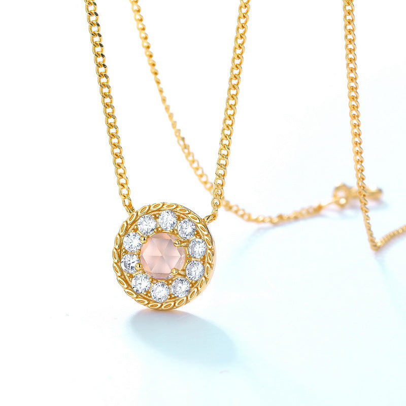 S925 Sterling Silver Jewelry Necklace Natural Rose Quartz Shining Charms Choker Necklace