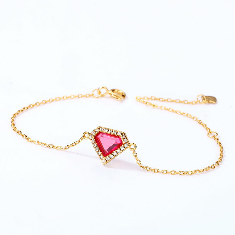 S925 Sterling Silver Jewelry Bracelet Red Corundum Gemstone Shield Style Bracelets