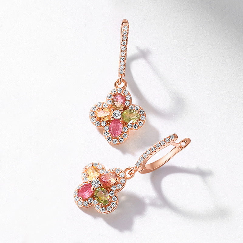 S925 Sterling Silver Jewelry Earrings Natural Tourmaline Gemstone Clover Style Earrings