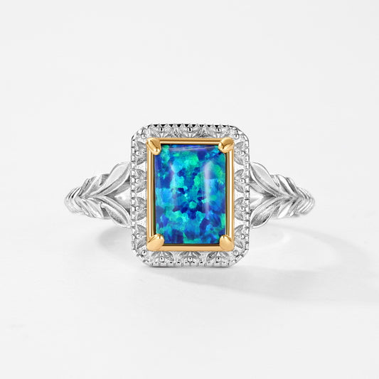 S925 Sterling Silver Jewelry Ring Blue Opal Gemstone Vintage Square Style Rings
