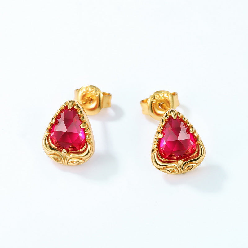 S925 Sterling Silver Jewelry Earrings Red Corundum Gemstone Waterdrop Style Stud Earrings