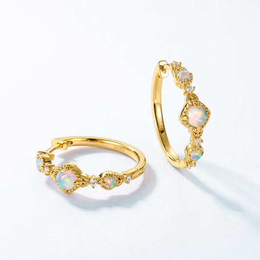 S925 Sterling Silver Jewelry Earrings Magical Color Opal Gemstone Hoop Earrings