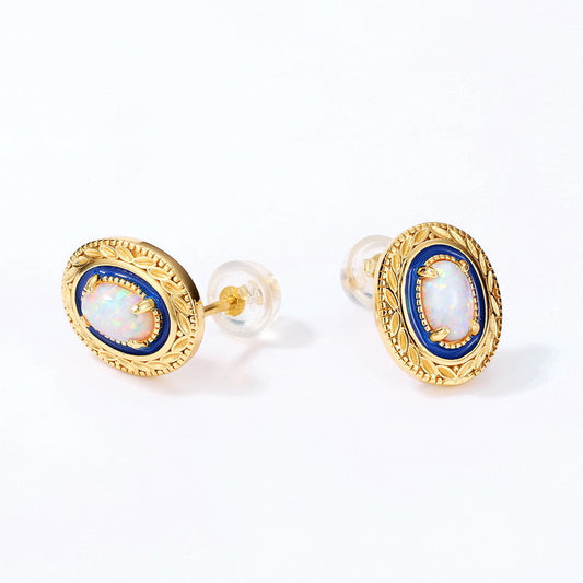 S925 Sterling Silver Jewelry Opal Gemstone Enamel Craft Vintage Style Luxury Earrings