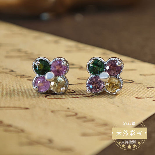 S925 Sterling Silver Jewelry Earrings Natural Tourmaline Gemstone Clover Style Stud Earrings