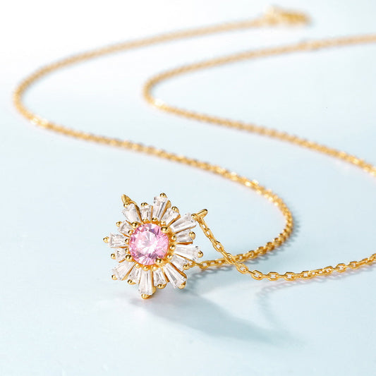 S925 Sterling Silver Jewelry Necklace Pink Zircon Gemstone Sunflower Style Charms Necklace