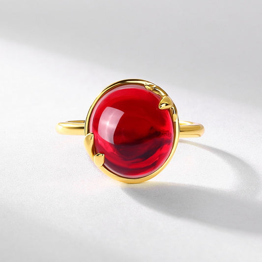 S925 Sterling Silver Jewelry Ring Natural Garnet Gemstone Round Style Simple Luxury Rings
