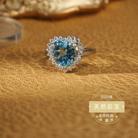 S925 Sterling Silver Jewelry Ring Natural Swiss Blue Topaz Gemstone Heart Style Luxury Rings