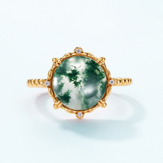 S925 Sterling Silver Jewelry Ring Natural Moss Agate Gemstone Gold Plating Fashion Rings