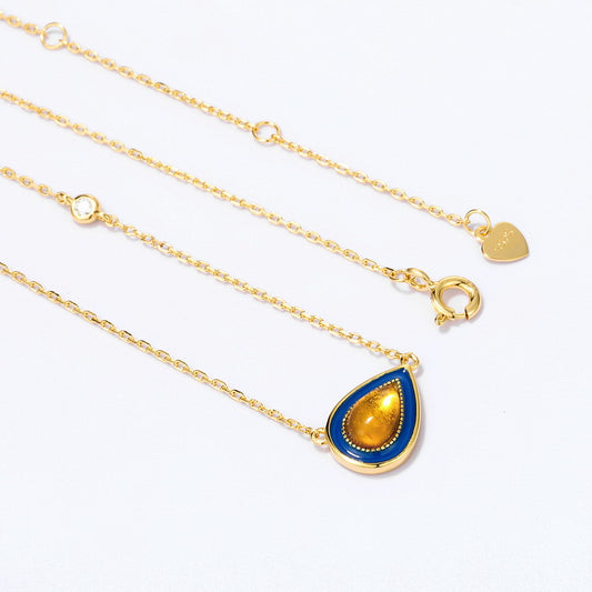 S925 Sterling Silver Jewelry Necklace Natural Amber Enamel Water Drop Style Charms Necklaces