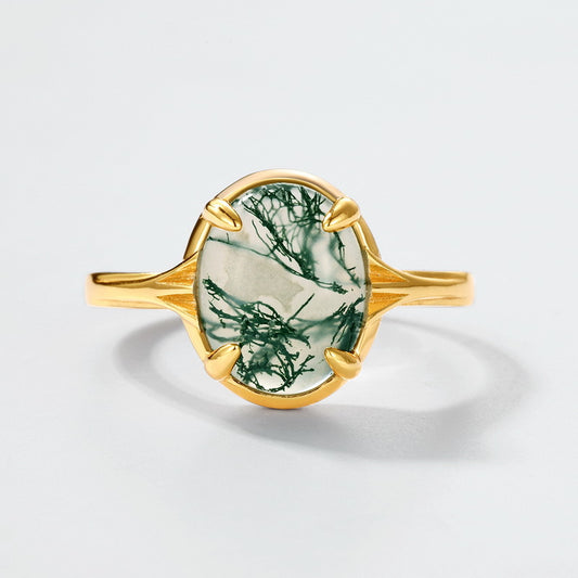 S925 Sterling Silver Jewelry Ring Natural Moss Agate Gemstone Gold Plating Fashion Rings